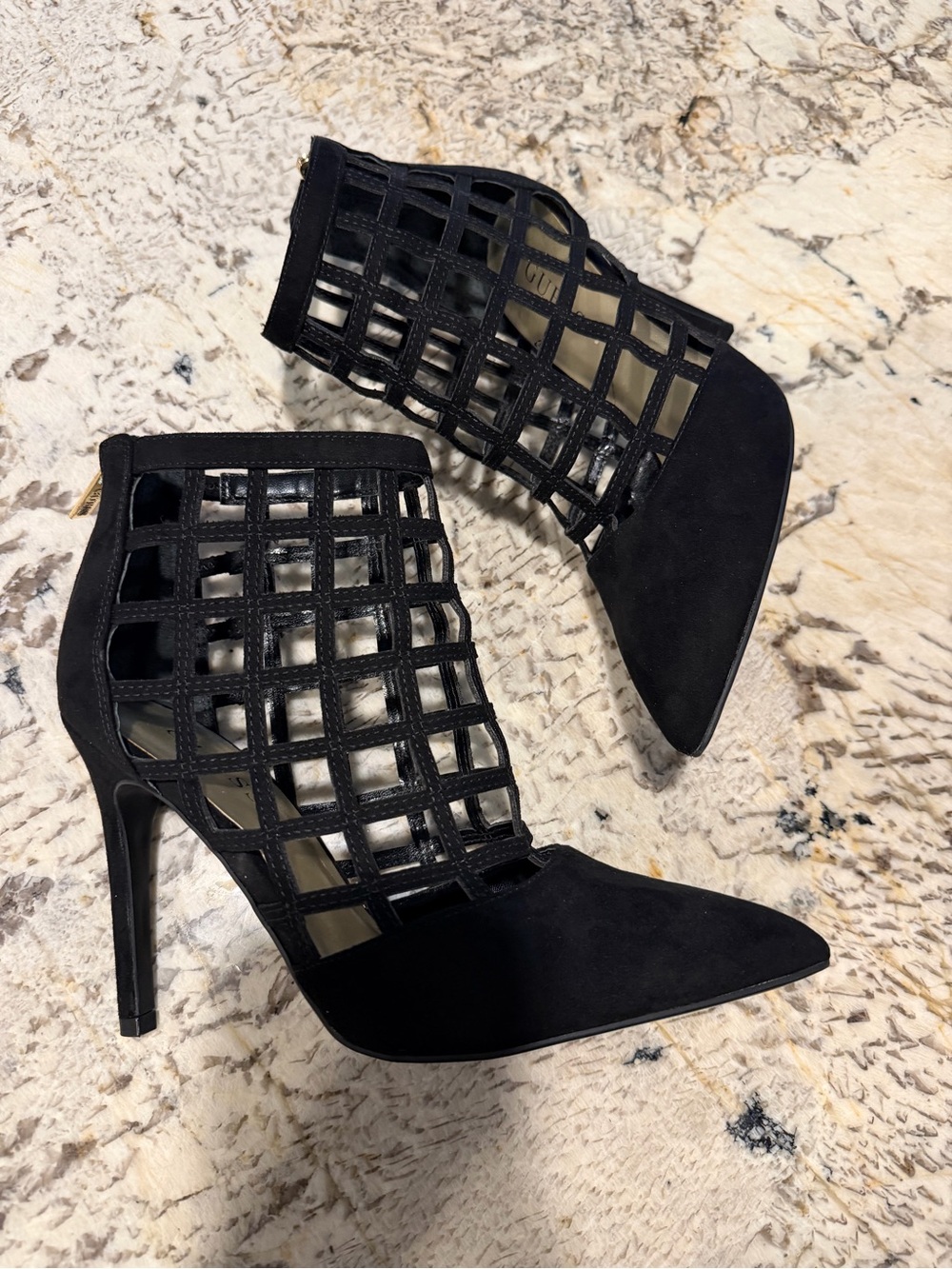 Guess Black Cage Lattice Pointed Heel Booties Heels Velvet Material Sexy Date